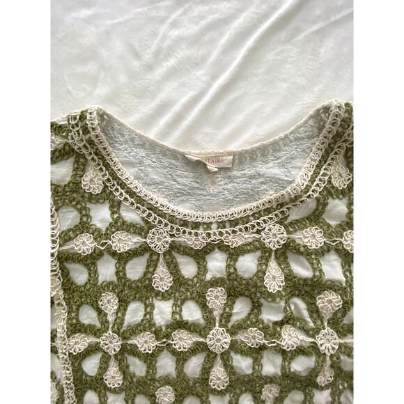 Anthropologie Solitaire Floral Green and White Puff Sleeve Crochet Top L - Picture 4 of 6